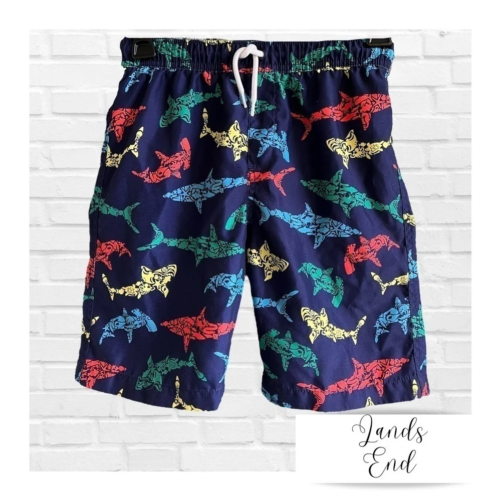 Lands End Boys M Swim Shorts Multi Color Sharks Summer Vacation Quick Dry Lined